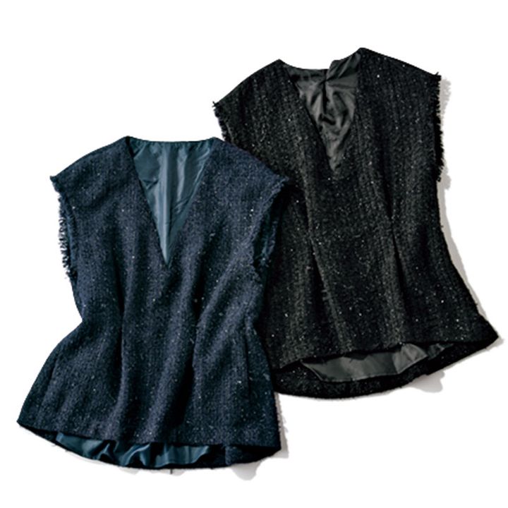 黒と紺色のツイードジレ