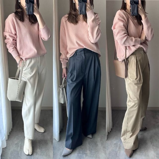 ワッフルVネックセーターを着たコーデ