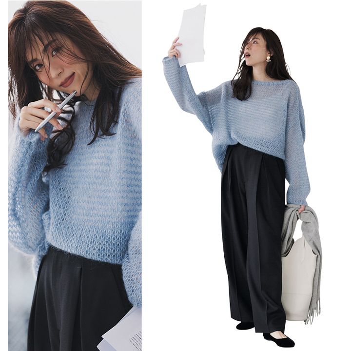 透け感のあるニットはゆるパンツとの相性も抜群