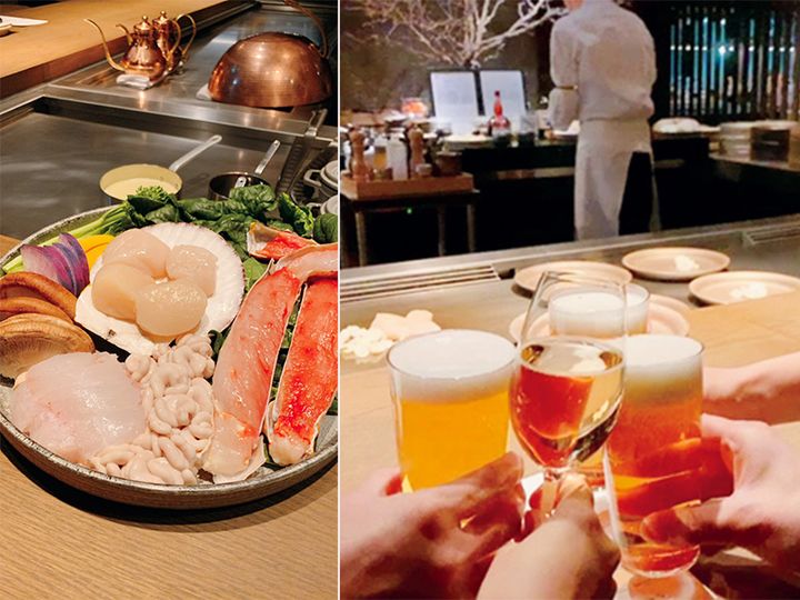 ホテルの鉄板焼き店の海鮮とお酒