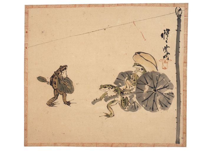 河鍋暁斎《蛙の人力車と郵便夫》肉筆画、一幅