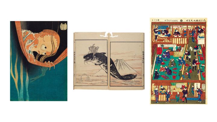 葛飾北斎《百物語 こはだ小 平二》すみだ北斎美術館蔵、、四代歌川国政《志ん板猫のそばや》大判錦絵、明治6（1873）年