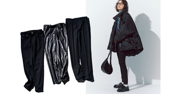 マイストラーダの黒スキニーパンツとルームエイトのエコレザースキニーとレッドカードの黒スキニーデニムとポンチョ風アウターと黒スキニーを合わせた着こなし