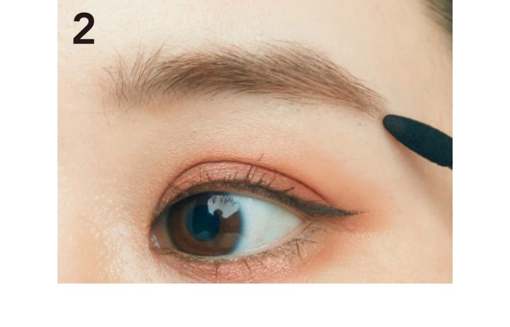 ２ Aの中央をチップに取り、眉尻をほんの少し下に向かって描き足す。Bを眉頭から眉尻へさっとのせ、毛流れをホールド。