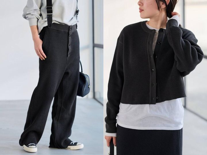 画像: ワッフルショートカーディガン￥16,500・ワッフルサスペンダー付きパンツ￥24,200（FRAMeWORK） baycrews.jp
