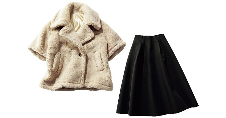 エルフランクのボアコートと黒のフレアスカート