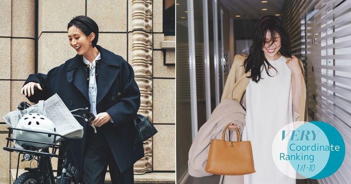 白シャツとダウンベストとコートをレイヤードした自転車送迎ママと白ワンピとベージュジャケットを着たお仕事ママの着こなし