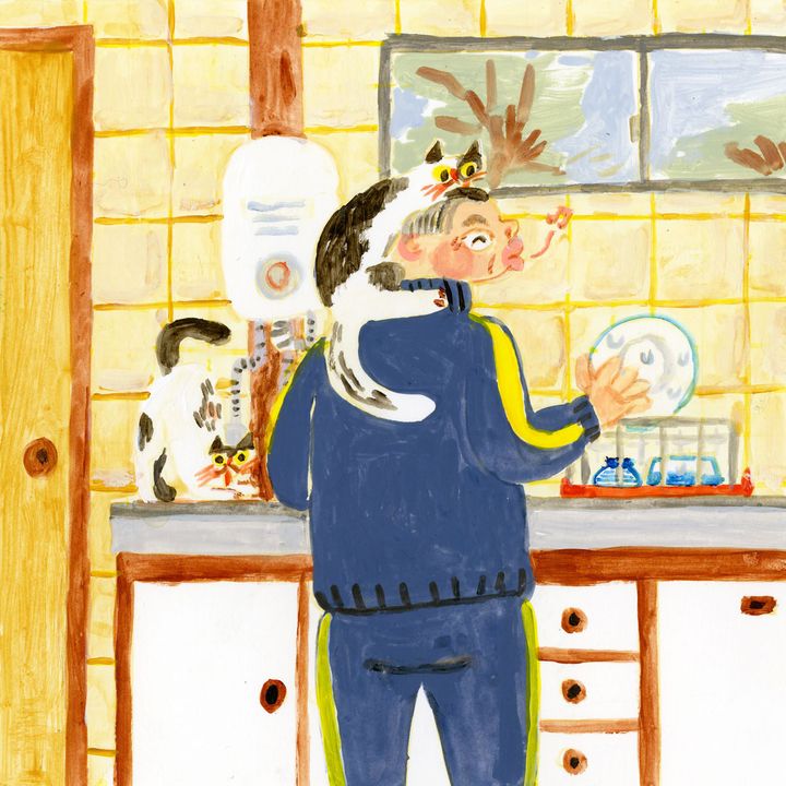 猫を肩に乗せながら家事をするイラスト