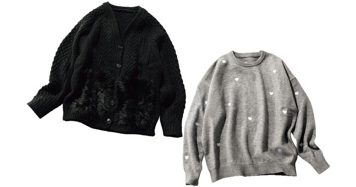 エルフランクのファー付き黒カーディガンとハート柄のグレーニット