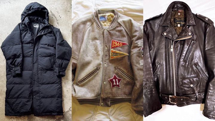 〈ミズノ〉のスポーツ用ベンチコート、〈ジェリー・コスビー〉のスタジアムジャンパー、〈ショット〉のブラウンレザー ワンスター ジャケット