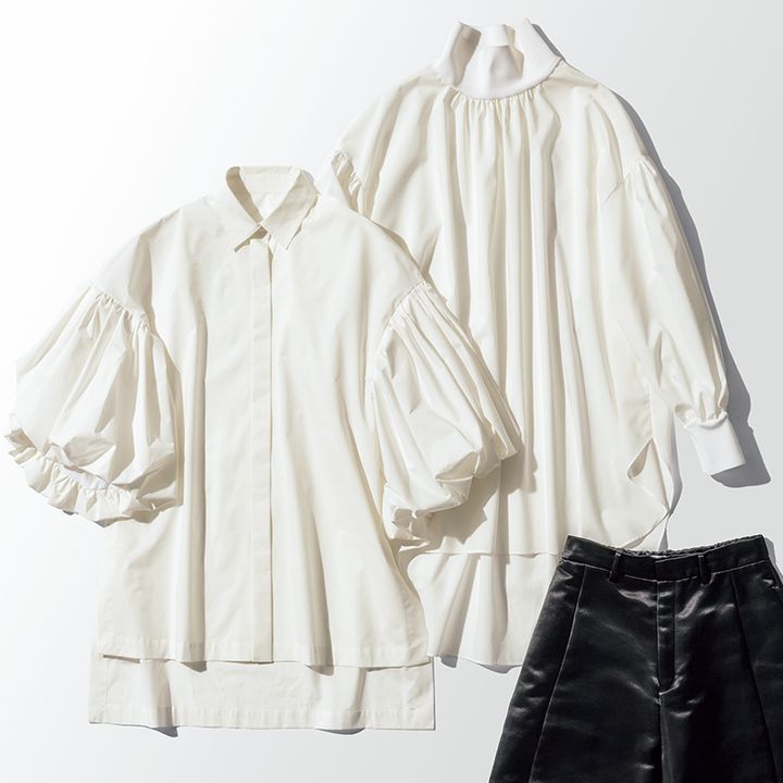 ルフィルのスタンドカラーの白ブラウスとふんわり袖の白ブラウス
