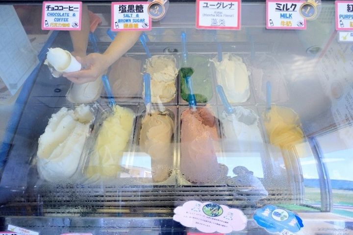 石垣島ミルミル本舗のストッカーにジェラートが並ぶ様子