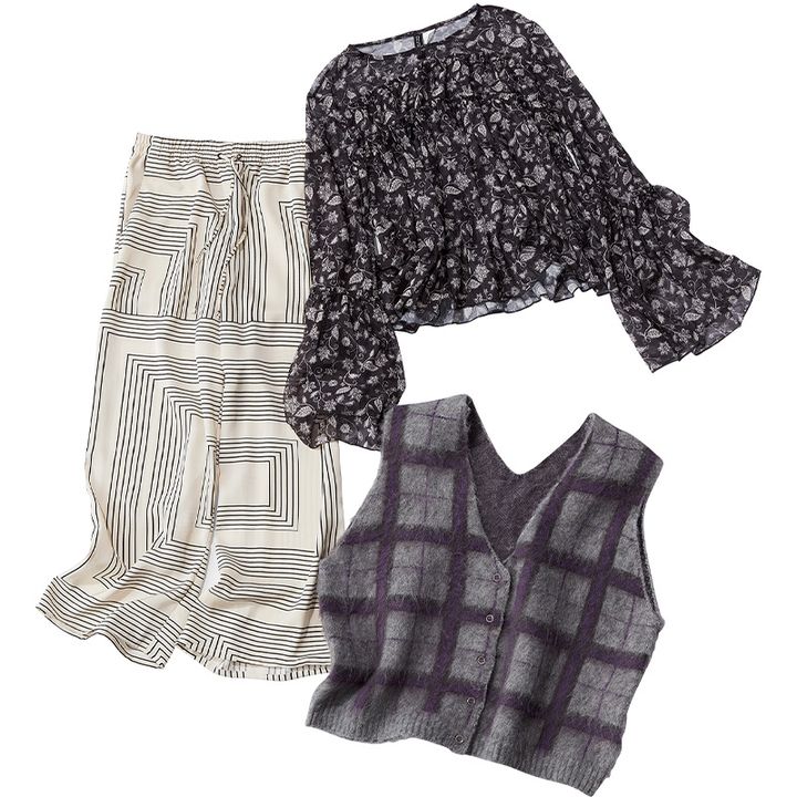 H＆Mの白地に黒の柄パンツと花柄ブラウスとチェック柄のベスト