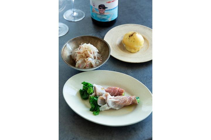 白身魚とガリのマリネ、菜の花の生ハム巻き