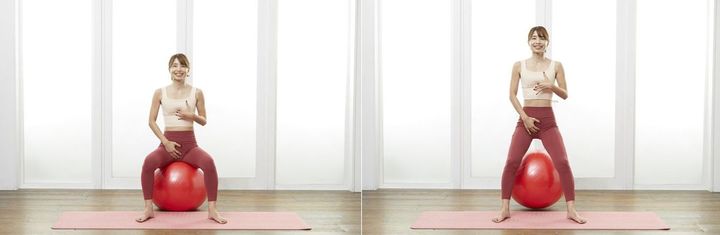 ［基本動作のポイント③］写真（右／左）を参考に、恥骨からみぞおちの間にある「腹直筋」というお腹の筋肉にグッと力を入れることを意識して跳びましょう