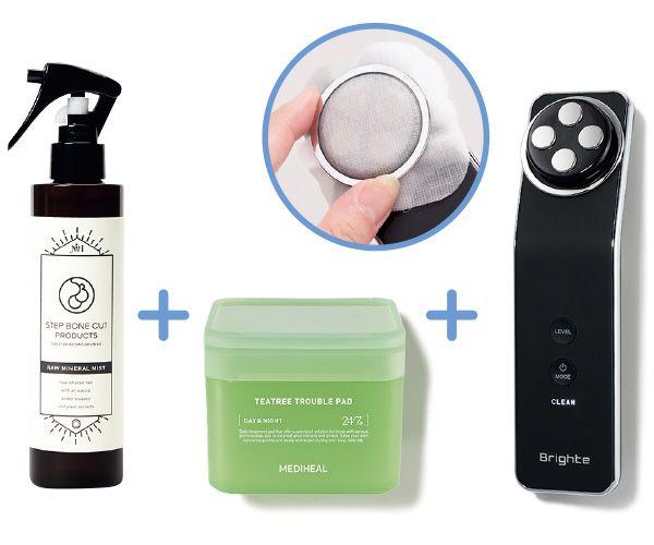 【左】STEP BONE CUT SPBC生ミネラルミスト＋ 【中】メディヒール ティーツリー トラブルパッド 【右】Brighte エレキリフト