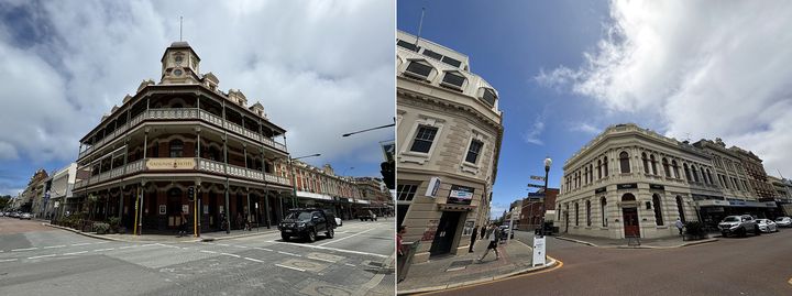 左：美しく修復されたナショナル・ホテル 右：映画のセットのような街並み
