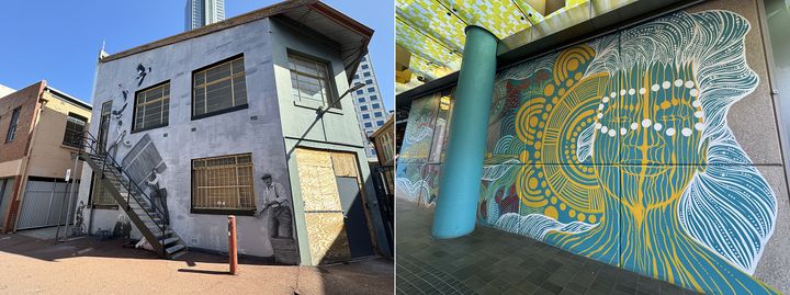 左：ウルフ・レーンの一角 右：地下鉄パース駅近くのアボリジニアート