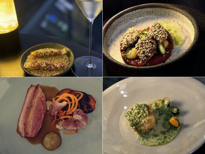左上から時計回りにスターターから始まり、ラム肉のタルタル、鯛に似た地元鮮魚、熟成鴨肉などが彩りよく登場