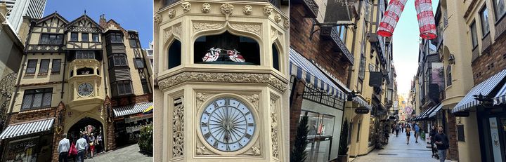 左：ロンドン・コート入り口 中：仕掛け時計アップ 右：ロンドン・コート内