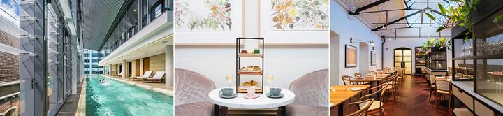 左から、屋内プール、「ケープ アリッド ルーム」のアフタヌーンティー、「ポスト」店内