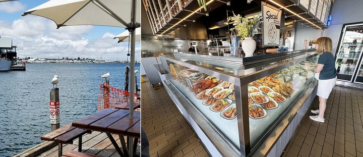 左：気持ちのいいテラス席 右：獲れたての魚介類が並ぶ鮮魚売り場