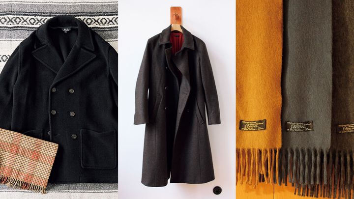 〈A.P.C〉のピーコート、ローデンウール素材のオフィサーコート、〈シャルベ〉のカシミヤマフラー