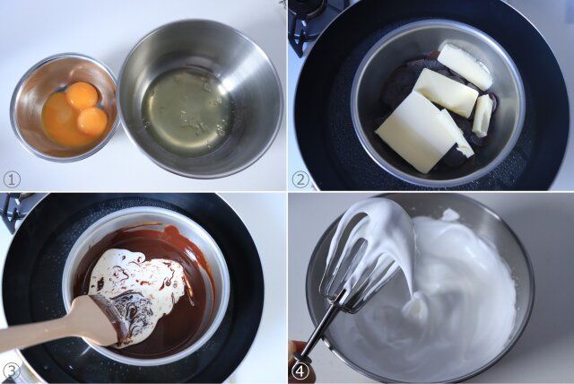 基本のガトーショコラ 作り方 卵黄ほぐす バターとチョコを溶かす メレンゲを作る