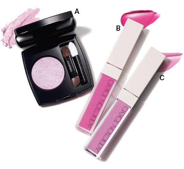【A】CHANEL オンブルエサンシエル 【B】ADDICTION ザ リキッドブラッシュ フォギー 【C】ADDICTION ザ リキッドブラッシュ グロウ