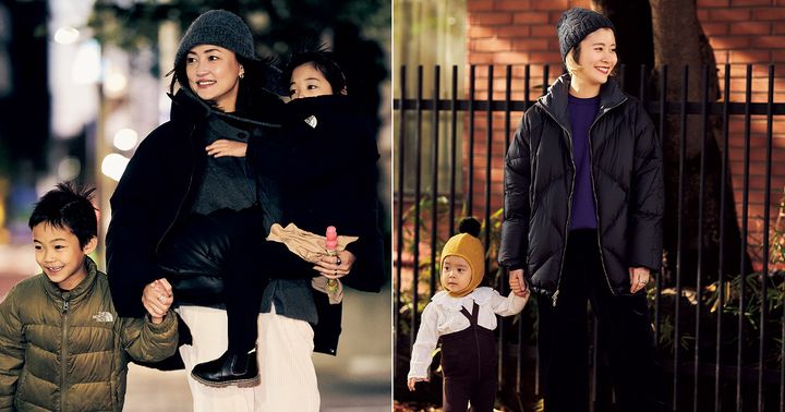 防寒コーデのママと子ども