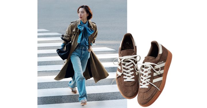 アディダスのブラウンのスニーカー×デニムコーデ