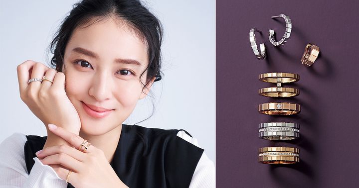 ショパールの地金リングをつけて微笑む武井咲さんとショパールのピアスとイヤカフとリング数種類