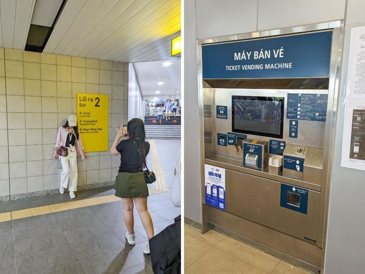 出口の案内表示は写真スポット。駅構内にある乗車券の券売機はタッチパネル式