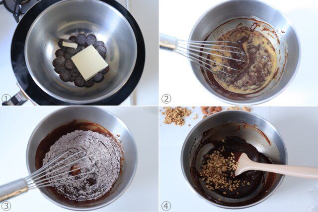 ブラウニーの作り方 バター チョコレート 薄力粉 クルミダイス 混ぜる