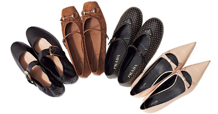 ボッテガヴェネタの黒のメリージェーンとグッチのブラウンのバレエシューズとプラダのスタッズ付きメリージェーンとセリーヌのリボン付きフラット靴