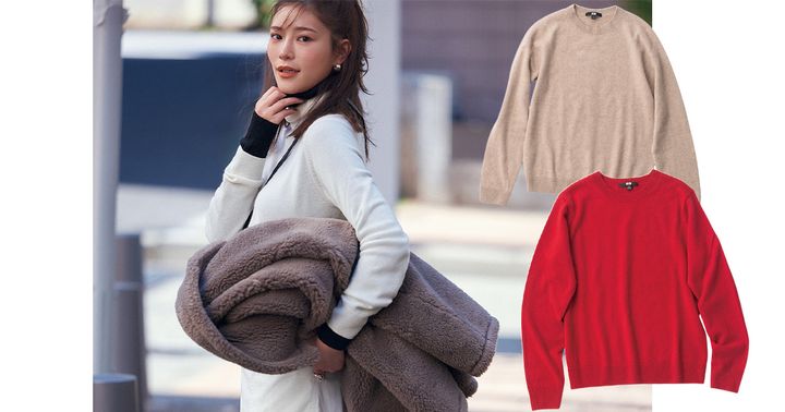 ユニクロのベージュと赤のカシミアニットと白と黒のタートルを重ね着した咲和希さん