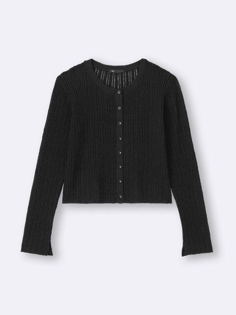 2025guレディース黒ブークレ透かし編みカーディガン