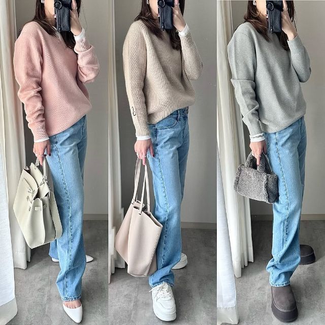 ニットとUNIQLOのストレートジーンズを着たコーデ