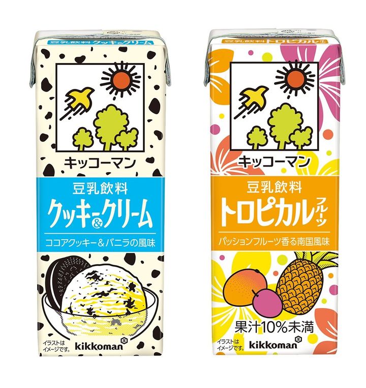 「キッコーマン 豆乳飲料 クッキー＆クリーム」（左）と「キッコーマン 豆乳飲料 トロピカルフルーツ」
