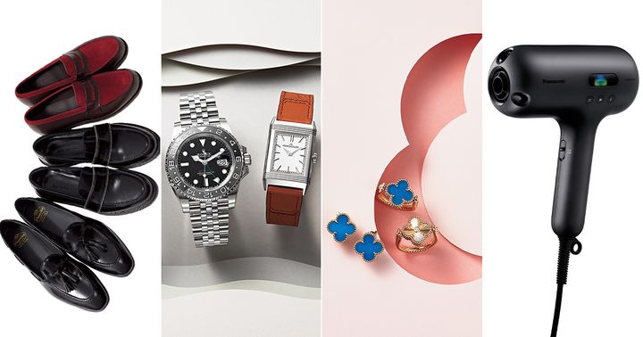 ブランドローファーと腕時計とヴァンクリーフ＆アーペルのジュエリーとドライヤー