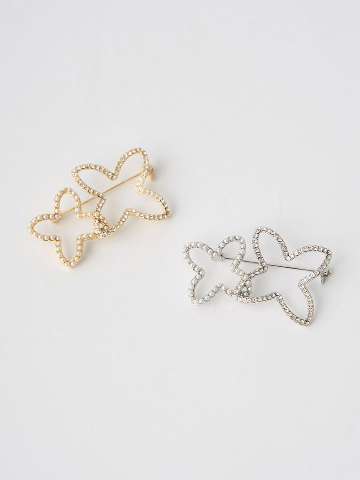 ツインフラワーシルエットブローチ２種（ゴールド、シルバー）