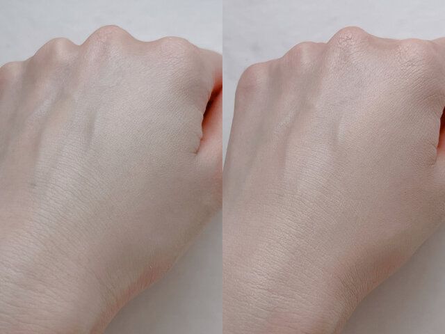 左側が下地のみ 右側が下地とファンデーションを塗った状態