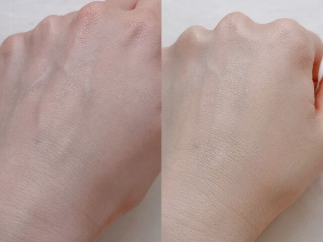 左側が下地のみ 右側が下地とファンデーションを塗った状態