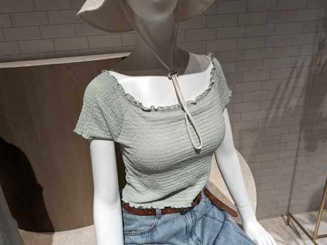 ブラフィールクロップドシャーリングオフショルTを着用