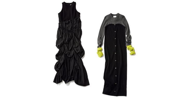 OMMOのシャーリングが入った黒のノースリーブワンピースとグレーニットに黒のビスチェを重ねたようなデザインのワンピース