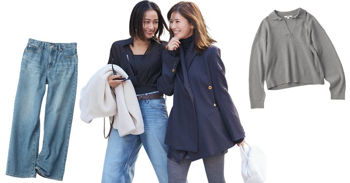 ユニクロのデニムとポロニットとH＆M Studioのブラウスとジャケットとミニスカートを着用した木佐貫まやさんと咲和希さん
