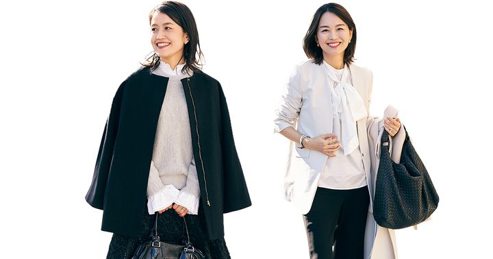 ニットのインナーにフリル襟と袖をつけたコーデと白のボウタイブラウスにジャケットを羽織った読者ママのコーデ