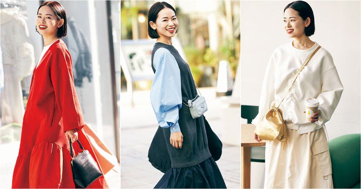 赤のワンピースとニットとシャツとサテンの異素材ミックスのワンピースとスウェットとシャカスカートのコンビワンピースを着た読者コーデ