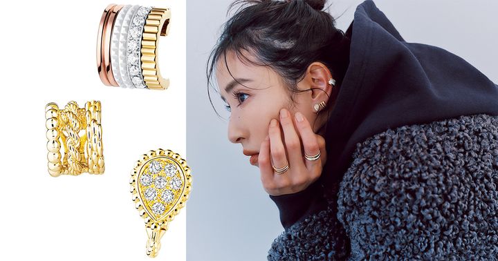 ブシュロンのイヤリングやイヤーカフとそれらを身につけた岡本あずささんの横顔