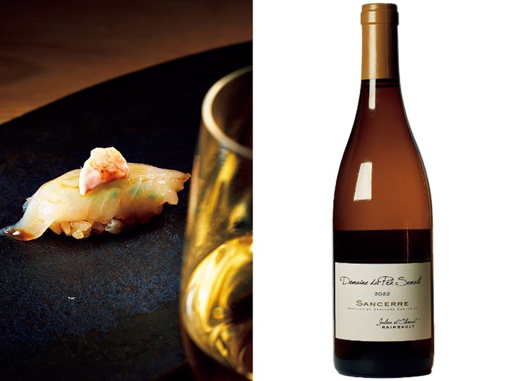 銀座『鮨 おちあい』のカワハギ、「ドメーヌ・デュ・プレ・サンムレ サンセール・ブラン」